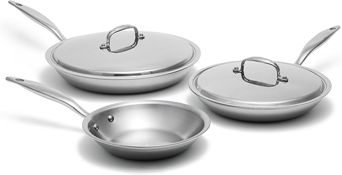 Heritage Steel 5 Piece Fry Pan Set | Made In USA | Titanium Series | 316Ti Skillet with Stay Cool Handle | Fully Clad Stainless Steel Pan with 5-Ply Construction | Induction Ready &amp Non Toxic