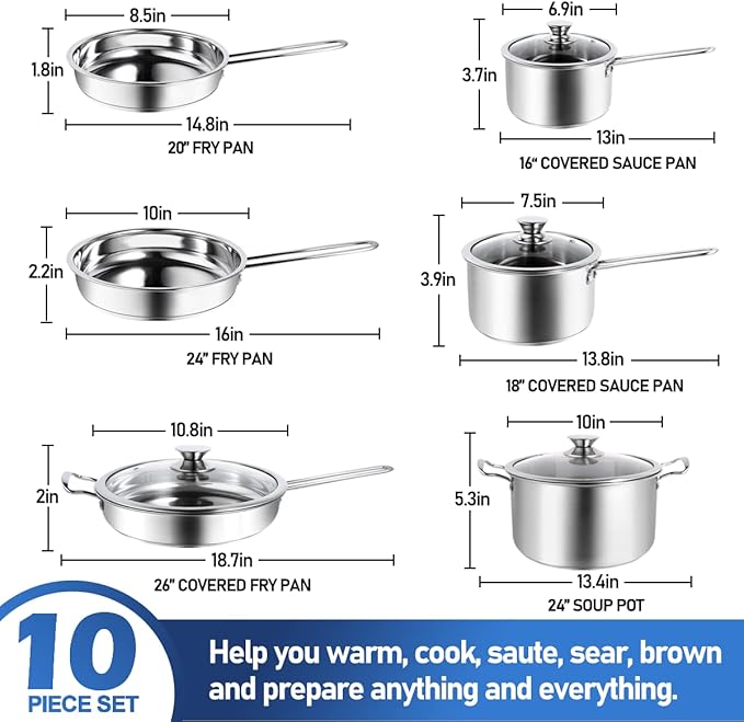 Aufranc 10-Piece Pots and Pans Set Stainless Steel Cookware Set- Includes Ergonomic Handle Saucepans Skillets Dutch Oven Stockpot Steamer &amp More - Premium Pots and Pans for Home Chefs