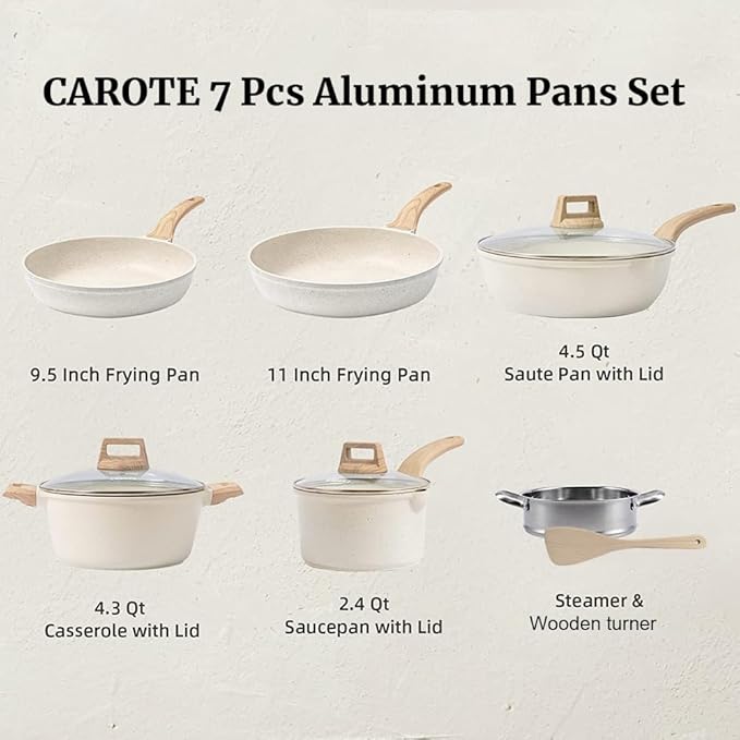 ZJchao Nonstick Pots and Pans Set with Lids 7 Piece Aluminum Cookware Set Induction Compatible Stackable Kitchen Cooking for Home Chefs and Families Stainless Steel Bottom