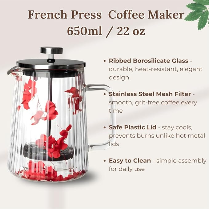 Glass French Press Coffee Maker 22oz (Red Floral) – Double-Wall Borosilicate Ribbed Coffee Press with Stainless Steel Filter Manual Coffee Brewer &amp Tea Press