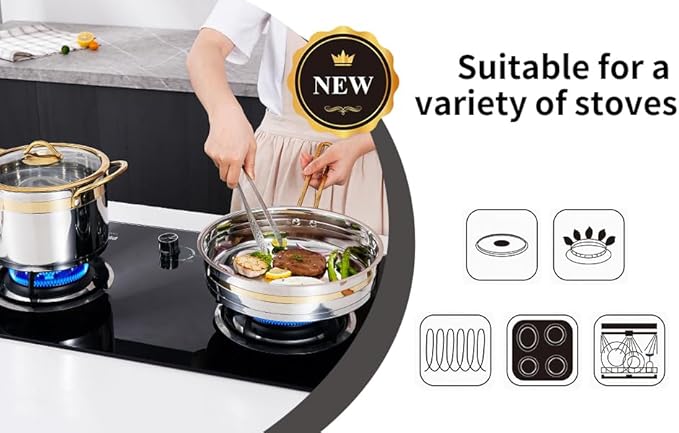 11-Piece Stainless Steel Pots and Pans SetPremium Stainless Steel Cookware - Induction Safe Non-Toxic Kitchen Cookware Set with Gold Stay Cool Handles Compatible with All Cooktops