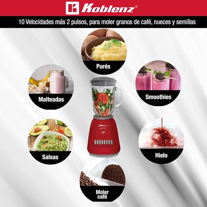 Koblenz LKM-5970 VR Blender 500W Motor 51 Oz. Glass Jar 10-Speed Blender for Smoothies Milkshakes Purees 4 Stainless Steel Blades Metal Coupling Home and Kitchen Appliances Red