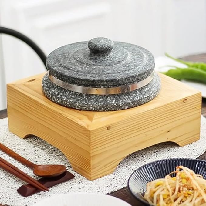 Korea Style Non-stic Traditional Stone Rice Cooker with wood stand Cauldron Multi Cooker-Bibimbab Nurungji for 1–2 people 6.2×3.3 inch