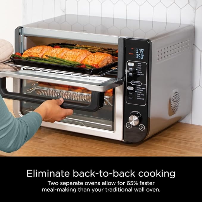 Ninja DCT401 12-in-1 Double Oven with FlexDoor FlavorSeal &amp Smart Finish Rapid Top Convection and Air Fry Bottom  Bake Roast Toast Air Fry Pizza and More Stainless Steel