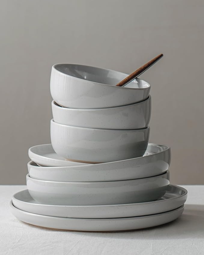 Famiware Milkyway Stoneware Dinnerware Sets with Pasta Bowls Service for 6 (24 Pieces) Plates and Bowls Sets -Scratch Resistant Microwave and Dishwasher Safe Dishes Set Light Gray