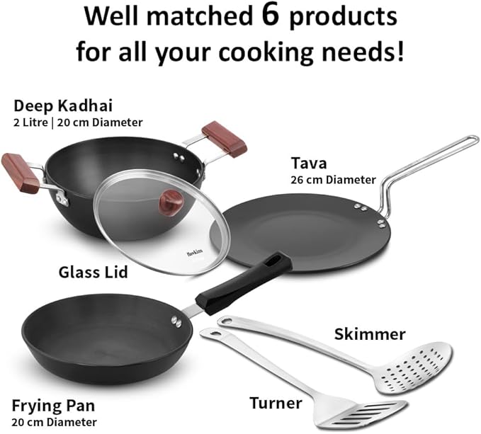 Hawkins Futura 6-Piece Hard Anodised Induction Gift Set - 2L Kadhai 20cm Frying Pan 26cm Tava Glass Lid Stainless Steel Skimmer and Turner (HAGP1)