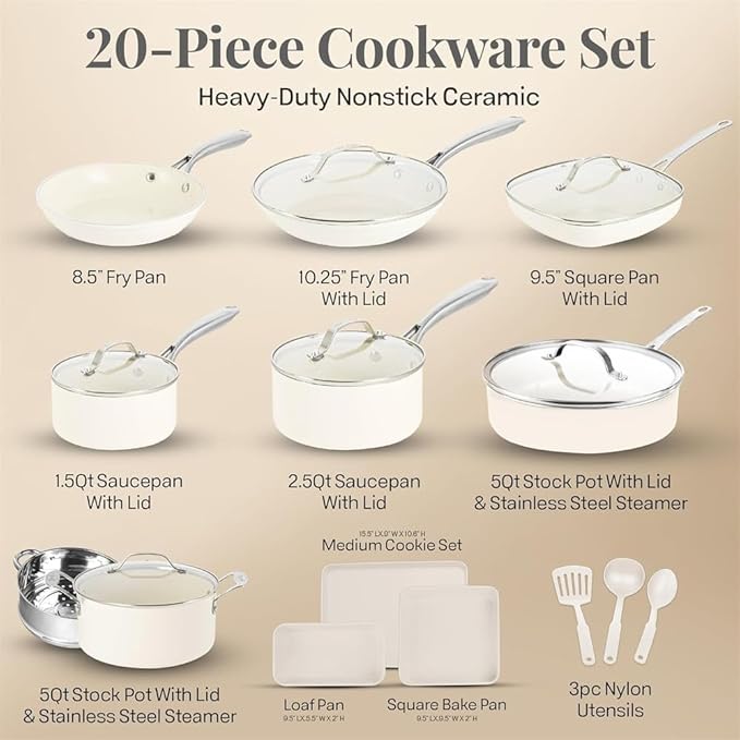20 Pc Ceramic Pots and Pans Set Non Stick Kitchen Cookware Sets Pot and Pan Set Ceramic Cookware Set Cookware Set20 PcOne Size