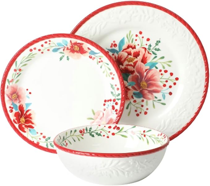 Merry Meadow Red 12-Piece Stoneware Dinnerware Set