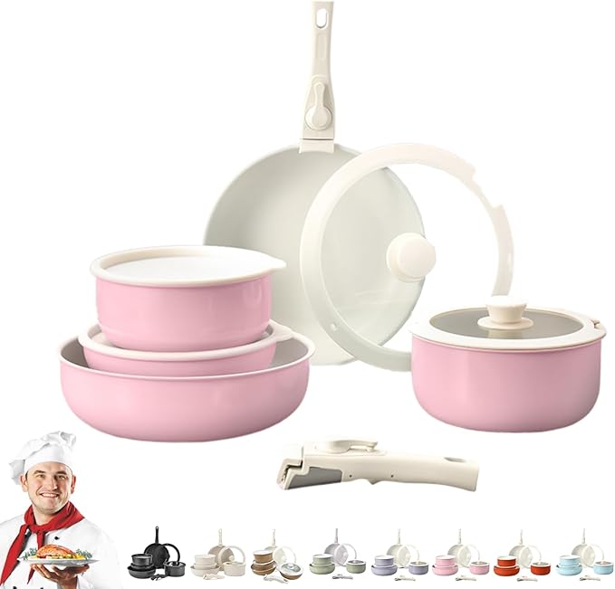 Cookware Set Cookware Set Removable Handle 5/9/11/15/17 Piece Stackables Oven Safe Super Easily Clean for Kitchen (Pink15 Pcs)