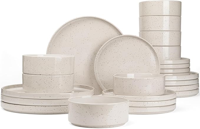 Famiware Nebula Plates and Bowls Set 24 Pieces Dinnerware Sets Dishes Set for 8 Creamy White with Colorful Speckles