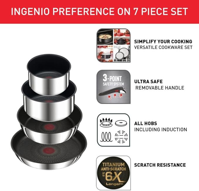 Tefal Ingenio Preference ON 13 Piece Non-Stick Induction Pan Set 24&amp28cm Frying Pans 16&amp20cm Saucepans 26cm Wok 24cm Sautepan Glass &amp Hermetic Lids 2 Handles