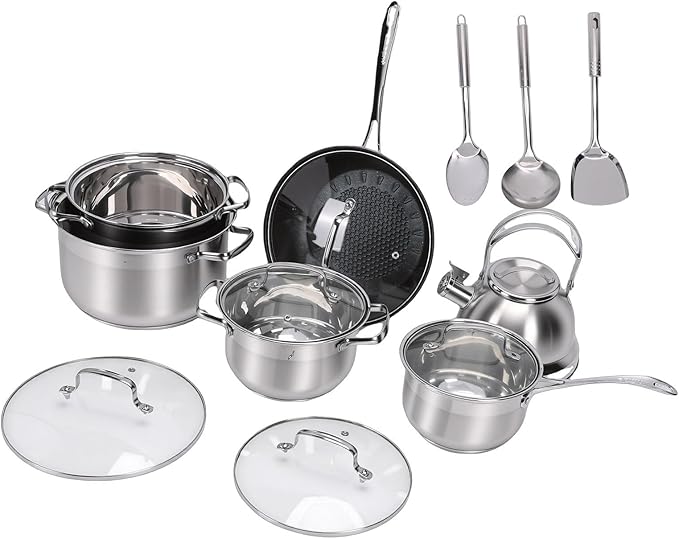 Pssopp Cookware Set Stainless Steel Cookware Set Induction Cooker Pot Kit for Kitchen Cooking Frying Boiling Simmering Nan