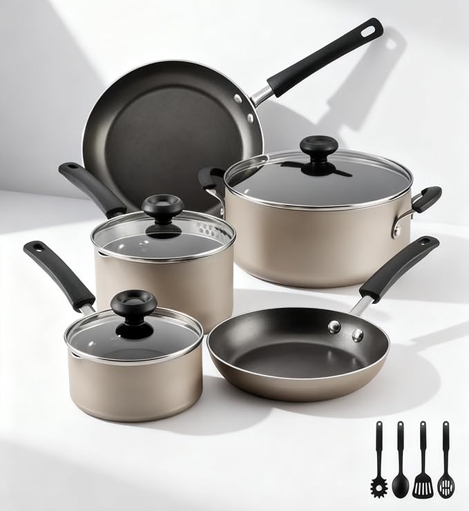12 Pcs Nonstick Cookware Set with Cooking Tools - Easy Clean &amp Dishwasher Safe Champagne Color Ideal for Home Kitchen