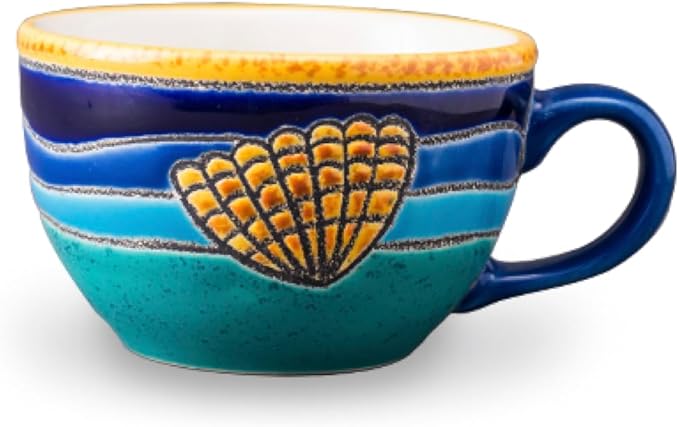 Artesa Vega Caribe Coastal Dinnerware Set Turquoise and Navy Blue with Gold Trim Handmade &amp Hand-Painted Ceramic 6-Piece Place Setting Seashell Design Microwave Safe