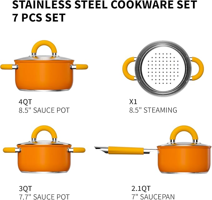18/8 Stainless Steel Cookware Set 7 PCS Pots and Pans Set 4 3 2 QT Pot Pan with Lid and Steamer Compatible with All Stovetops Dishwasher Safe