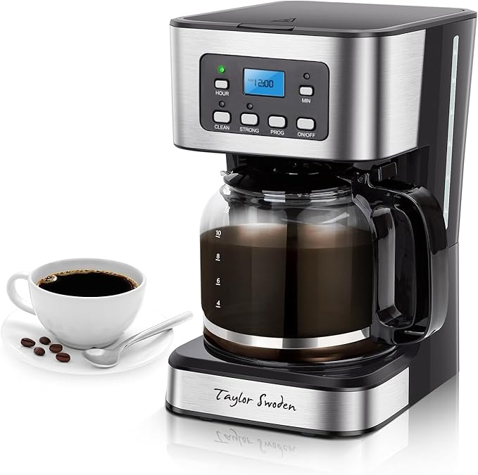 Taylor Swoden 12-Cup Programmable Coffee Maker Regular &amp Strong Brew Drip Coffee Machine for Home and Office Glass Carafe Pause &amp Serve Auto Shut Off Black &amp Stainless Steel