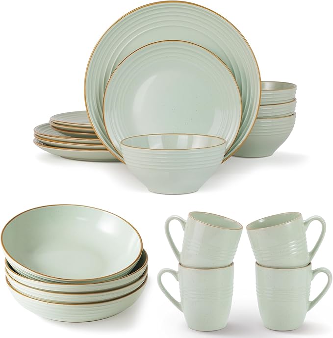 Famiware Jupiter 12-Piece Dinnerware Sets 4-Piece Pasta Bowls 4-Piece 14 oz Mug Set 20-Piece Stoneware Dinnerware Sets Light Green