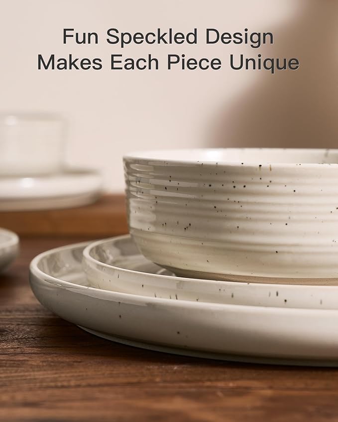 Stoneware Dinnerware Set Highly Chip and Scratch Resistant Everyday Plates and Bowls for 8 (24pcs) Reactive Glaze Speckled Ceramic Flared Dishes with Gift Box Microwave Dishwasher Safe Shell Beige