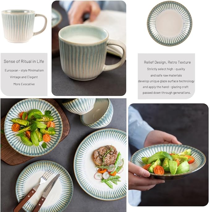 Stoneware Dinnerware Set of 4 4 Pieces Ceramic Dinner Plates Bowl Mug for Kitchen – Unique Gift Idea Scratch Resistant Dishes Dishwasher &amp Microwave Safe (Gold Coast)