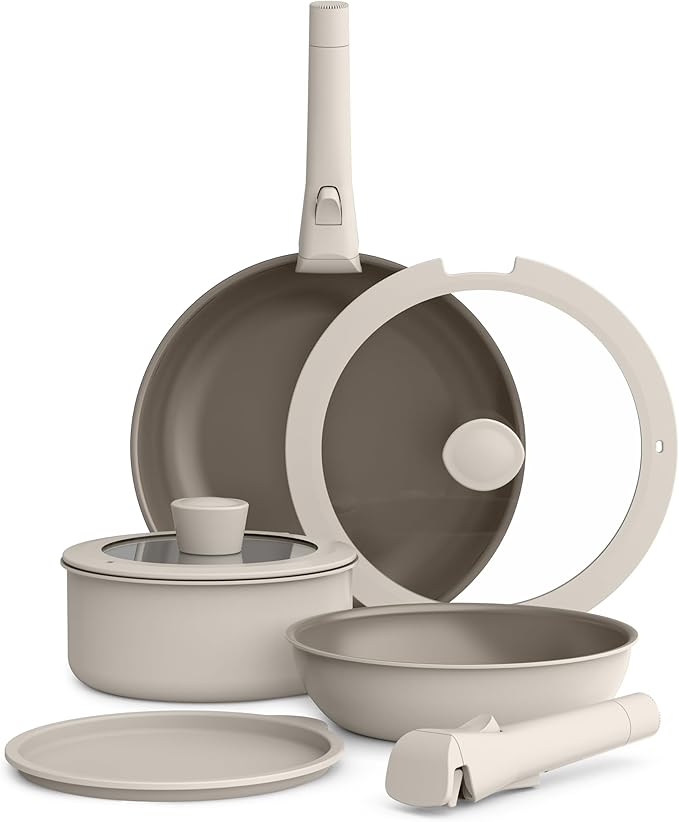 bella 8 Piece Cookware Set Fits-anywhere™ Kitchenware w EverGood™ Ceramic Nonstick Coating Removable Handles Dishwasher &amp Oven Safe All Stovetops Compatible Glass Lids w Silicone Rims Oatmi