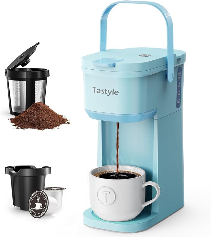 Single Serve One Cup Coffee Maker for K Cups and Grounds Mini Coffee Maker with Portable Handle 6 to 12 Oz Brew Size for Travel Camping Office RV and Dorm 120V Aqua