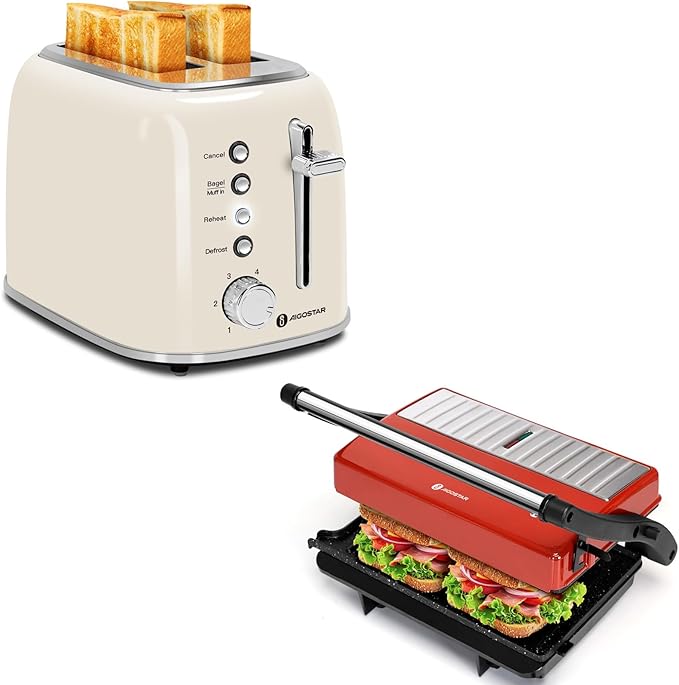 Aigostar Toaster 2 Slice Retro Extra-Wide Slot Toasters and Panini Press Grill Aigostar 1000W Sandwich Maker