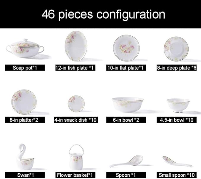 Elegant Flowers Pattern Ceramics Combination Tableware Set of 46 Pieces Plates Bowls Dish Soup Pot Dinner Set for Banquet Wedding Gifts