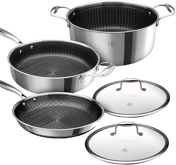 Hell's Kitchen Hybrid 5 Pc Cookware Set Tri-Clad Stainless Steel and Nonstick Ceramic PFAS Free no PFOA no PTFE no Teflon Non Toxic Cookware Metal Utensil Safe All Cooktops and Oven Safe