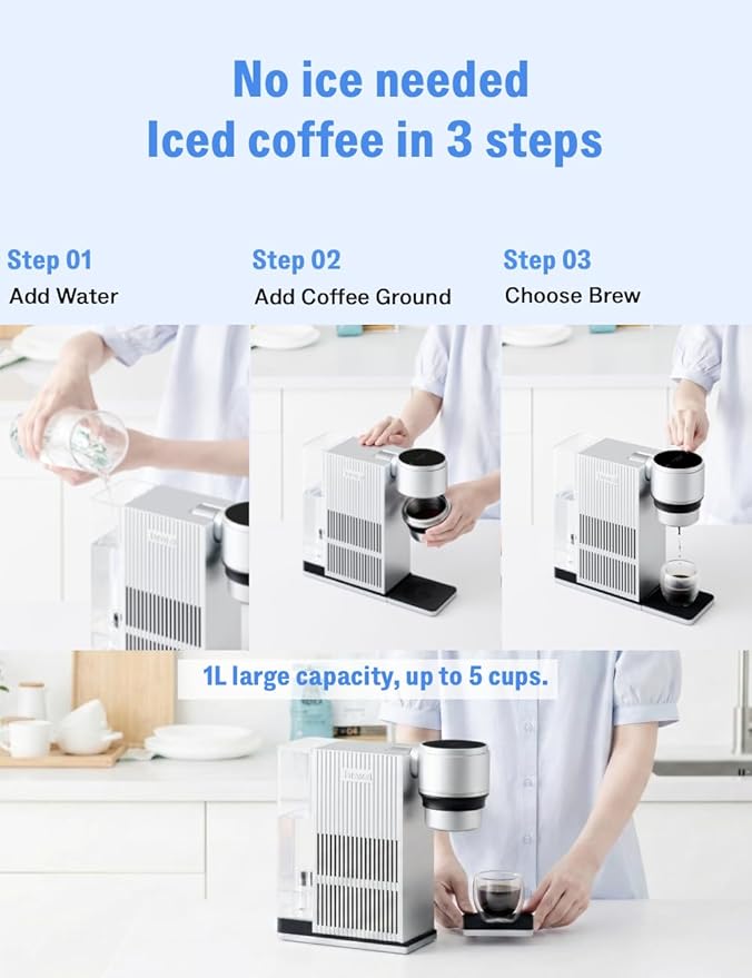 Brezi Cold Brew Coffee Maker Fresh Cold Brew in Minutes Low-Acid Smooth Flavor Premium Aluminum Design1L Capacity Easy Usecoffee machineAutomatic Precision Brewing for Home &amp Office (silver