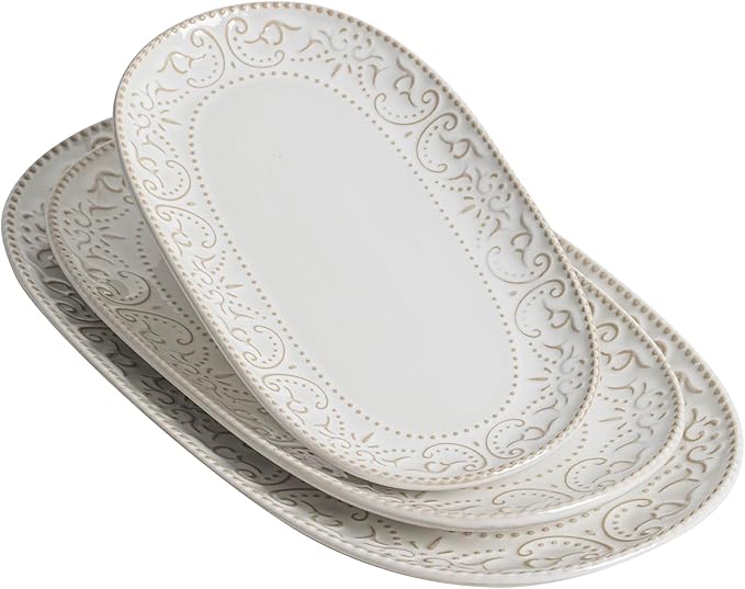 Serving Platters Set 14/12/10 Oval Ceramic Serving Plates Embossed Serving Trays for Party Oven Dishwasher Safe Vintage White Serving Dishes for Entertaining Appetizers Pasta Sushi