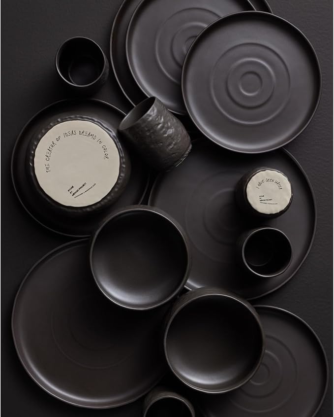 Stone by Mercer Project SHOSAI 16-Piece Stoneware Dinnerware Set Plates and Bowls Set Modern Dishware set fo 4 Black