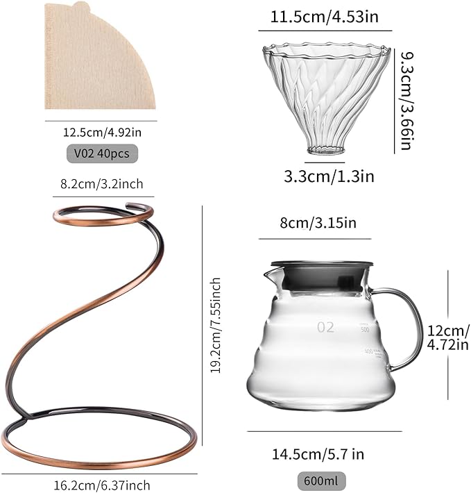 Coffee Pour Over Set – Complete Pour Over Coffee Maker with Dripper 40Filters and Metal Stand – Portable &amp Stylish V60 Style Drip Coffee Brewer