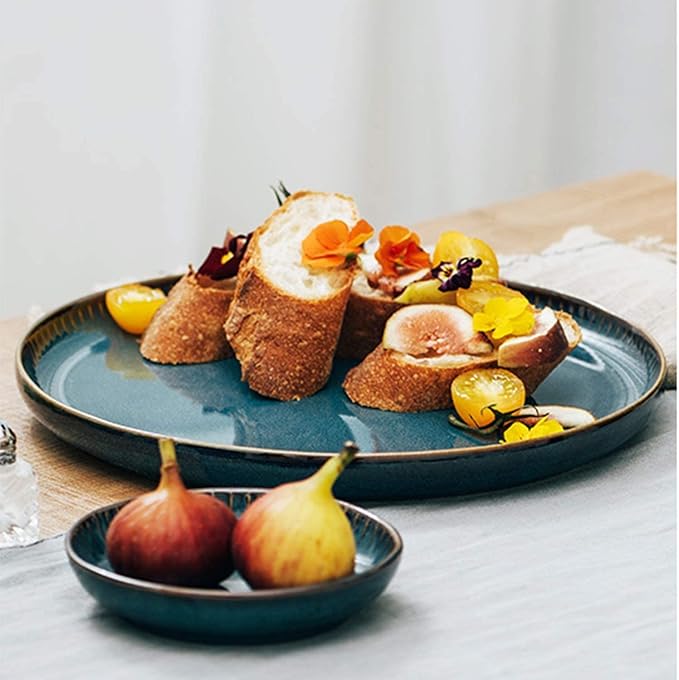 Blue Dinnerware Sets Plates and Bowls Sets Stoneware Dish Set Round Reactive Glaze Stoneware Dinnerware Set (24 Pieces)