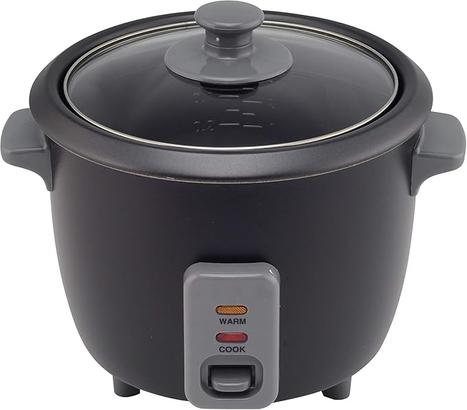 4 Cup Electric Rice Cooker with Auto Warm Function – Non-Stick Pot One-Touch Operation Glass Lid Includes Paddle &amp Measuring Cup – Black Compact Steamer for Rice Quinoa Oats &amp More