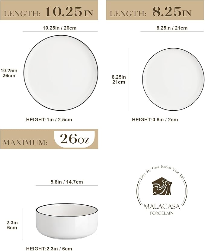 MALACASA Plates and Bowls Sets 24 Pieces Modern Porcelain Dinnerware Set for 8 White Kitchen Dinner Dining Ware Set wtih Black Rim Ceramic Dishware Dishes Microwave and Dishwasher Safe Series LUNA