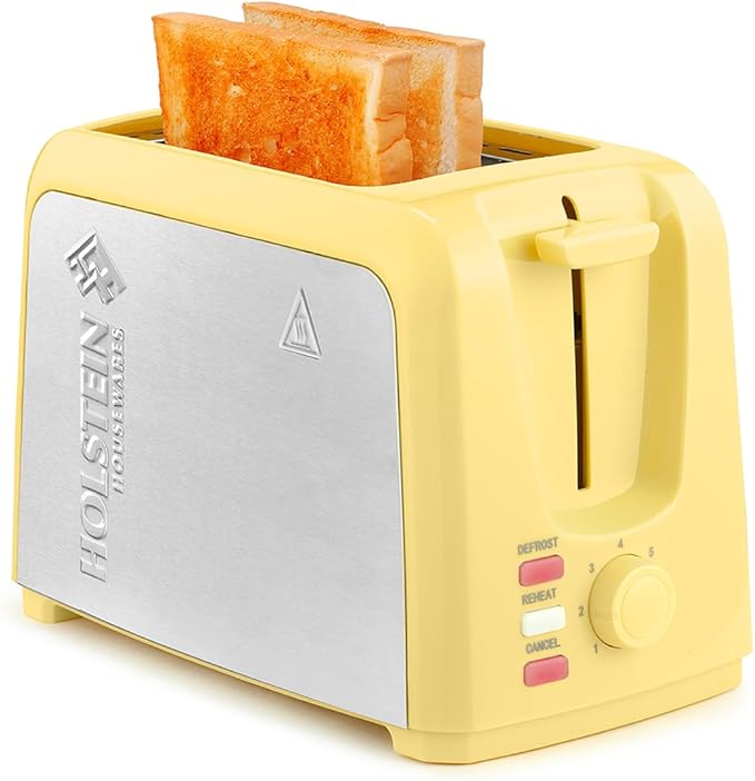 Holstein Housewares 2-Slice Toaster with 7 Browning Settings Extra-Wide Slots Reheat Defrost Cancel High-Lift Release Removable Crumb Tray – Compact Stainless Steel Yellow