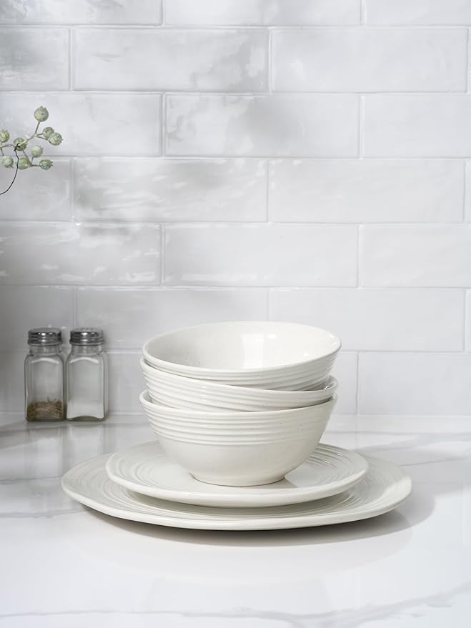 Famiware Plates and Bowls Sets 18-Piece Stoneware Dinnerware Sets Dishes Set for 6 Hand-made Reactive Glaze Dish Set Twilight Series White