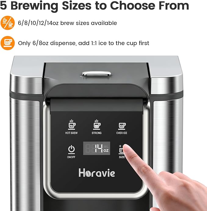 Single Serve Coffee Maker for K-Cup Pod and Grounds Hot and Iced Coffee Maker Strong Button Feature 6 to 14oz Brew Sizes 50oz Removable Tank Up to 6.5 Inch Cup Stainless Steel Grey