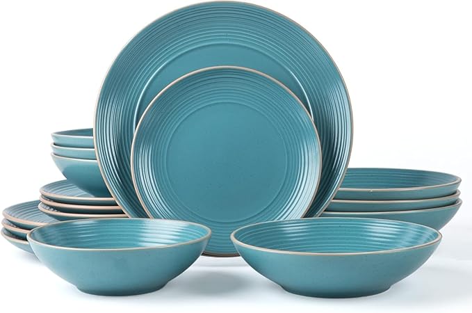 RINGAR Round Stoneware 16pc Double Bowl Dinnerware Set for 4 Dinner Plates Side Plates Cereal Bowls Pasta Bowls - Speckle Matte Turquoise (428525)
