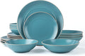 RINGAR Round Stoneware 16pc Double Bowl Dinnerware Set for 4 Dinner Plates Side Plates Cereal Bowls Pasta Bowls - Speckle Matte Turquoise (428525)