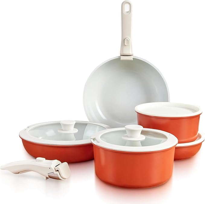 Multi-Piece Detachable Cookware Set Non-Stick Pots and Pans Set with Removable Handles Cooking Set Oven Safe Stackable Universal for All Stoves11PcOrange