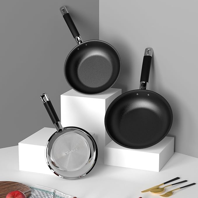Non Stick Frying Pans Stainless Steel Kitchen Nonstick Cookware Set of 3 10” 11.5” 5” Pan Compatible with All Stoves