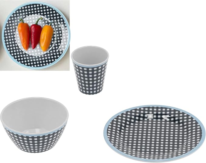Dark Blue Grid Pattern Melamine Tableware Set Dinnerware Cutlery Salad Plate Bowl Cup Kit for Home Restaurant Scald Proof Tableware with 500ml Bowl 260ml Cup