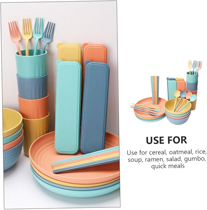 4sets Portable Cutlery Set Straw Bowl Cup Plate Farmhouse Dinnerware Wheatstraw Dinnerware Set