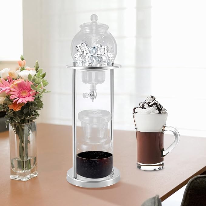 Luxury Ice Cold Brew Dripper Coffee Maker in Stainless Steel and Borosilicate Glass Cold Brew Coffee Makers For Home Coffee Shops 600 ml Silver