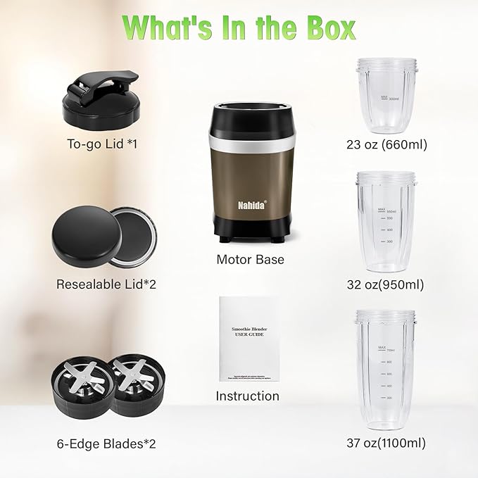 Nahida Blender for Smoothies 1200W Smoothie Blender for Ices Crushing Blenders with (2) 6-Fin Blades Personal Blenders for Kitchen with 23oz 32oz 37oz Easy Go Cups for Juices 1200W Brown