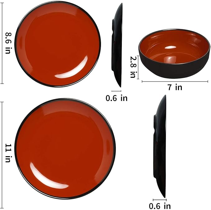 TP 18-Piece Dinnerware Set Melamine Dishes Set with Bowls and Plates Service for 6 Non-breakable Lightweight Dining Tableware Black and Red