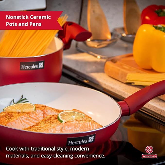 Pots and Pans Set Nonstick Ceramic – 9-Piece Non Stick Frying Pan and Cooking Pot Set – Red Aluminum Pans Ceramic Coating Glass Lids Silicone Handles – Kitchen Cookware Sets by Mundial