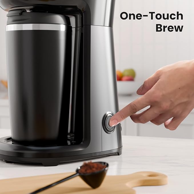 Kismile Personal Single-Serve Coffee Maker Compact Brewer with 14oz Thermal Travel Mug Stainless Steel Interior Compatible with Coffee Grounds &amp Reusable Filter Ideal for Home &amp Travel