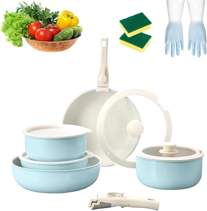 Pots and Pans Sets Non Stick 5/11PCS Ceramic Cookware Sets with Detachable Handle Space-Efficient Dishwasher Nonstick Cooking Set for Kitchen with All Stovetops (Blue-5PCS)